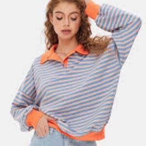 Exlura Women's Casual Striped Hoodie - Orange and Blue